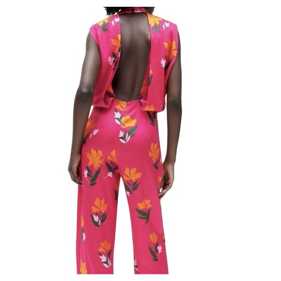 Zara Pink Orange Floral Mock Neck Sleeveless Open Back Cutout Jumpsuit Size XS - Picture 5 of 6